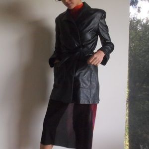 Belted black leather collared coat